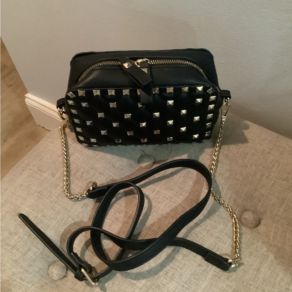 Stud leather camera crossbody bag